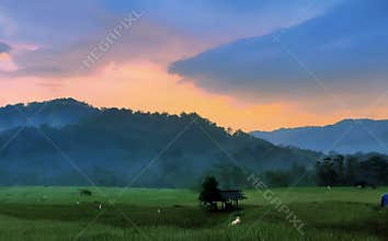 Serene Sunset Over Misty Mountains and Green Paddy Fields with Rustic Hut