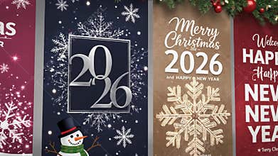 Festive holiday greeting card designs with snowflakes and decorative elements