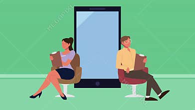 Woman and man sitting in chairs with clipboards next to a large smartphone mobile