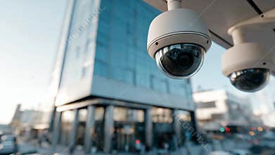 Closeup medium shot of smart security cameras installed on a modern building exterior highlighting advanced IoT