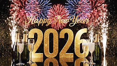 Celebratory new year 2026 display with champagne and fireworks