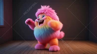 Fluffy Candy-Colored Critter (Rainbow Monster) Happily Waving and Dancing - Cute 3D Cartoon - AI Generated