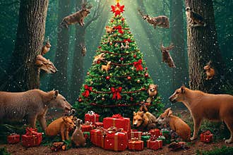 Magic of Christmas in a forest surrounded by joyful animals and gifts