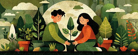 Two people plant a sapling together in a lush forest garden illustration