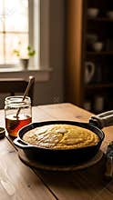 Freshly Baked Hot Cornbread with Melting Butter in a Cast Iron Skillet served with Honey