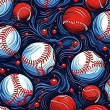 Dynamic Baseball Pattern with Flowing Lines, Red Accents, and Playful Red Dots, Seamless Design