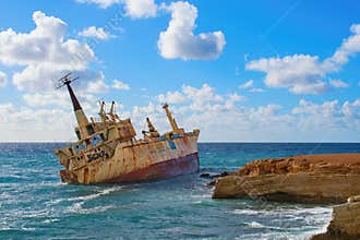 Abandoned EDRO III shipwreck, popular touristic spot on the Mediterranean coast of Cyprus, Paphos, Cyprus