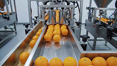 Automated Industrial Orange Juice Production Line Fresh Oranges Processed With Modern Machinery In A Bright Clean Factory