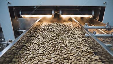 Industrial Coffee Bean Roasting Process High Angle View Showing Beans Moving on Conveyor Belt Under Heat Lamps in a Modern Factory