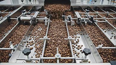 Industrial Food Processing Conveyor Belt Sorting Brown Pellets in Manufacturing Plant Overhead Shot With Bright Factory Lighting