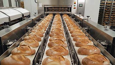 Automated Bakery Production Line With Rows of Freshly Baked Artisan Bread Moving On Conveyor Belts Towards Industrial Oven
