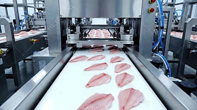 Automated Food Processing Conveyor Belt System Moving Fresh Fish Fillets Through Industrial Production Line Under Bright Factory