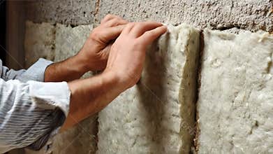 Medium shot showing craftsmen applying loose cellulose insulation from recycled paper into wall cavities emphasizing