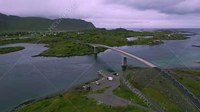 Drone aerial 4k footage of fredvang bridges Lofoten Islands, Norway