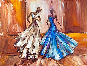 Two beautiful women. Oil painting.