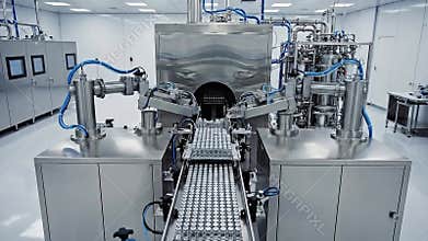 Automated Pharmaceutical Production Line Sterile Cleanroom Environment With Advanced Robotic Machinery Manufacturing Pills And