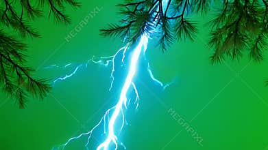 vibrant blue lightning bolt striking through a lush green background with dark pine branches framing the top corners