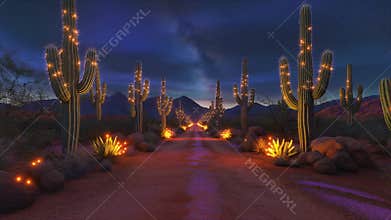 a road passing through a desert landscape filled with tall cacti, illuminated by warm lights during dusk