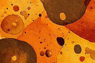 Abstract watercolor illustration featuring vibrant autumn colors with circular shapes and organic patterns, creating a warm and