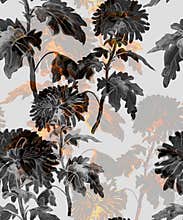 Mystic flowers silhouettes seamless pattern in light grey tones.