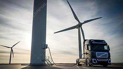 Electric volvo truck charging at a wind turbine showcasing sustainable transportation tech