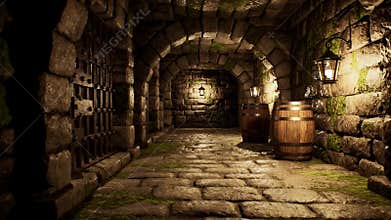 Dimly Lit Medieval Stone Corridor with Arched Ceilings and Distant Light