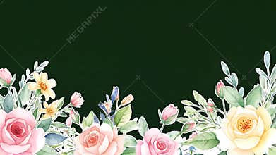 Delicate watercolor floral border with pastel roses and soft blossoms along bottom corners on pale white background
