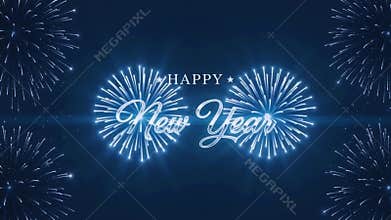 Happy New Year: Blue Neon Cursive Text and Fireworks Background