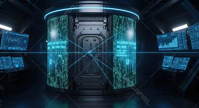Futuristic Sci-Fi Control Room with Holographic Displays and Data Streams