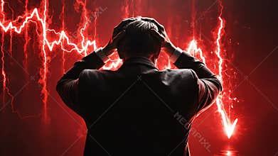 a man holding his head while surrounded by dramatic red lightning or electric energy effects