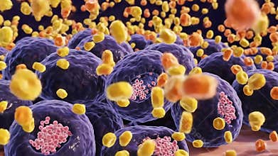 Microscopic View Of White Blood Cells Engulfing Pathogens In Biological Fluid