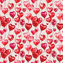 Watercolor heart balloons pattern in red and pink tones, seamless romantic air balloon design for celebration decor