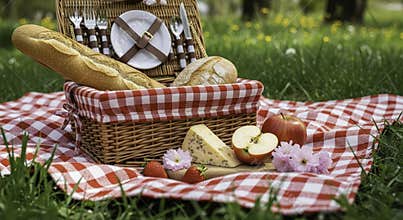 Gourmet Picnic Basket Spread with Fresh Bread Cheese Apples and Strawberries on Plaid Blanket Outdoors