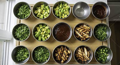 Overhead View of Toppings and Ingredients for BBQ Chicken Salad Prep in Stainless Steel Bowls