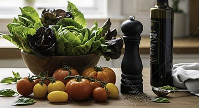 Fresh Garden Vegetables Olive Oil and Seasonings for Healthy Home Cooking Preparation