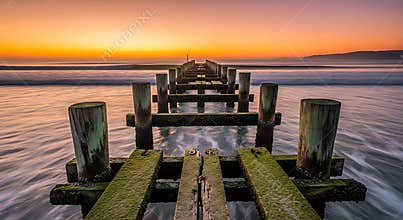 Atmospheric Sunset Over Weathered Wooden Pier Pilings with Motion Blur Water