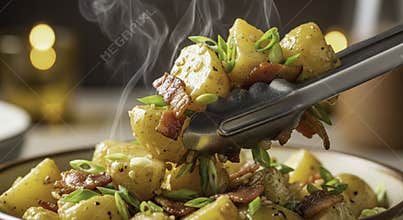 Steaming Warm Potato Salad with Crispy Bacon and Fresh Chives Served with Tongs