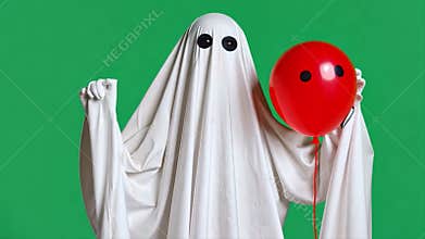 Spooky Season: Ghost in Costume Holding Red Balloon