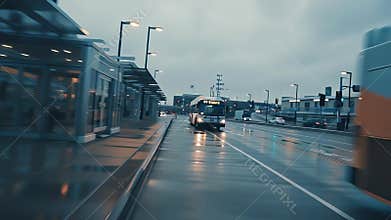 Buses at a Rainy Bus Station