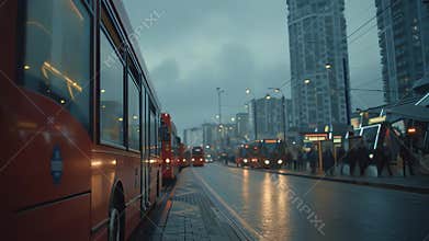 City street scene with red buses
