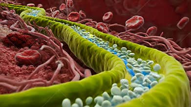 Luminous vesicle stream moving along green tubular axon interior, closeup