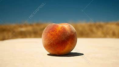 Single Peach Rolling Across Concrete Surface Against Blue Sky and Golden Grass