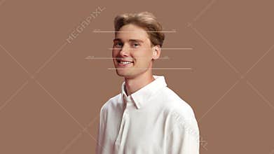 Ad template. Face calibration interface in motion before male portrait alignment