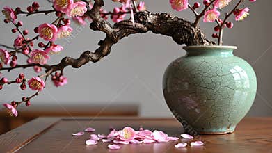 Pink Plum Blossom Petals Gently Falling from a Branch into a Vase