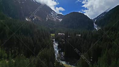 Krimml Waterfalls in Austrian Alps aerial view