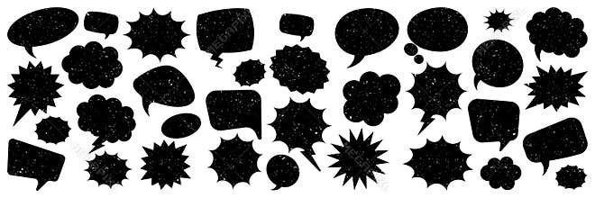 Grunge comic speech bubbles with brush strokes, ink smudges, acrylic stains or charcoal streaks. Hand drawn retro
