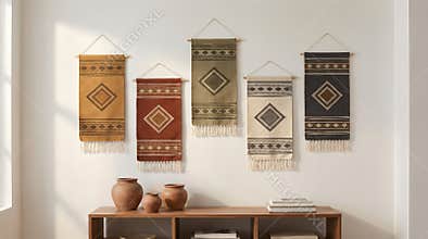 Four colorful woven wall hangings in earthy tones displayed on a white wall above a wooden shelf with decorative pottery and books
