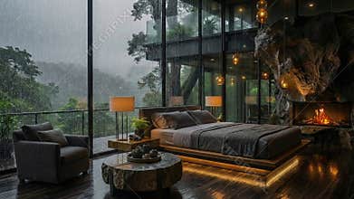 Luxurious bedroom, offering a cozy, warm retreat while heavy rain pouring
