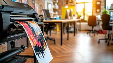 Modern office printing colorful artwork on large printer while sunlight streams through windows during a busy workday