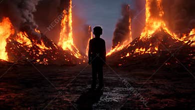 Silhouette of a Child Facing Fiery Apocalypse: Dramatic Conceptual Art for Posters Generative AI